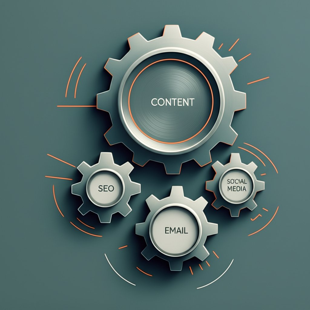 diagram showing how content marketing works with seo and social media to generate free website traffic