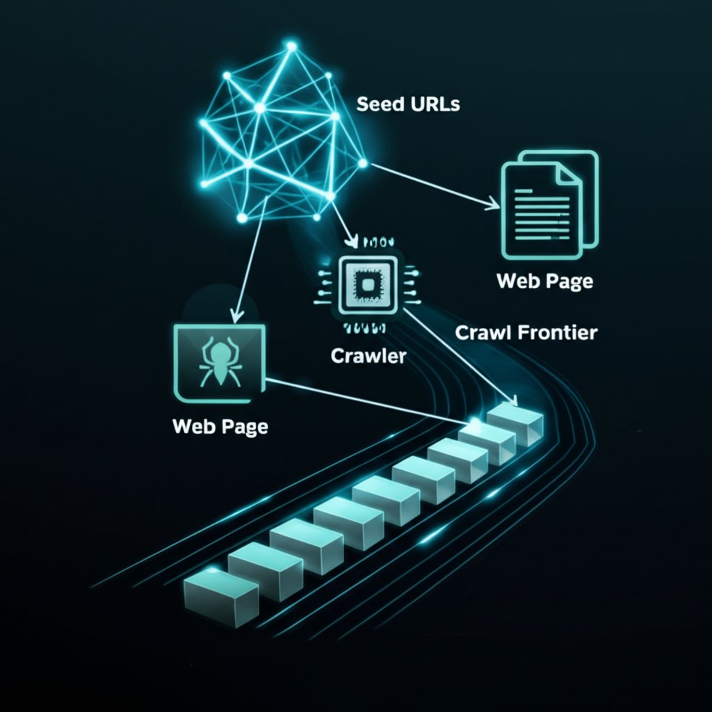 diagram showing the technical process of a web crawler from seed urls to the crawl frontier