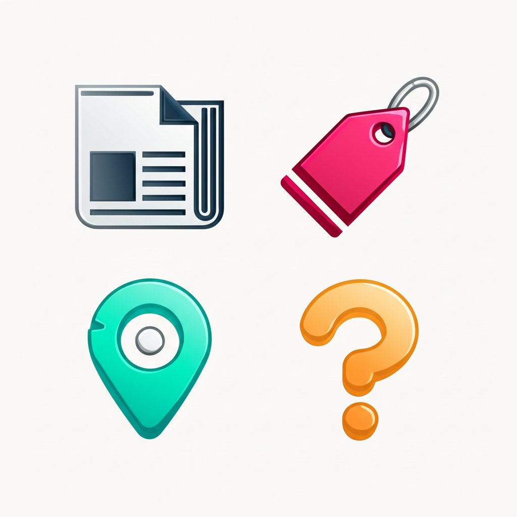 icons representing common types of seo schema markup like article product and faq