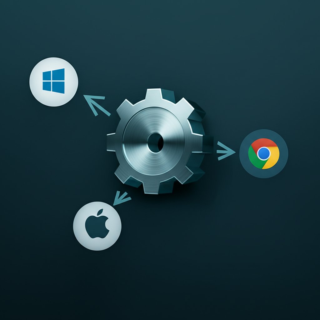 illustration of a central settings icon affecting multiple operating systems like windows and macos