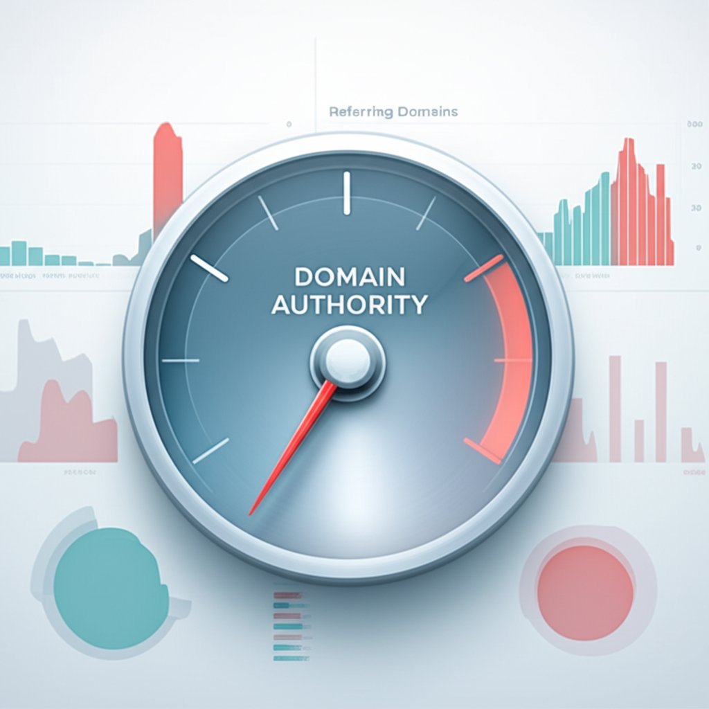 illustration of a dashboard displaying key backlink profile metrics like domain authority and anchor text