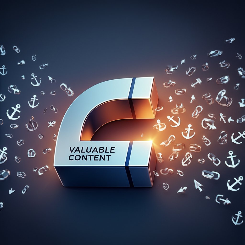 illustration of a large magnet labeled content attracting smaller link icons symbolizing link worthy assets