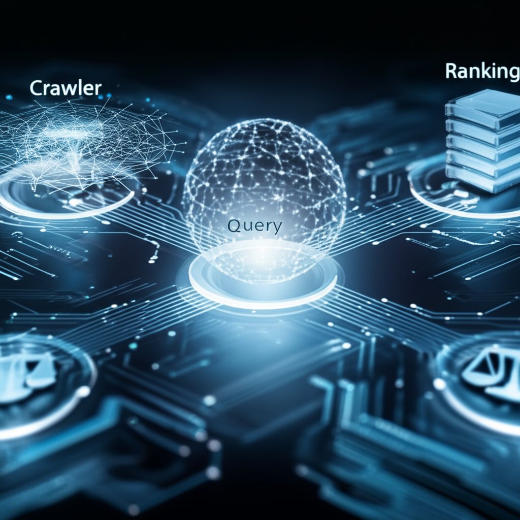 infographic illustrating the core components of a custom search engine crawling indexing and ranking