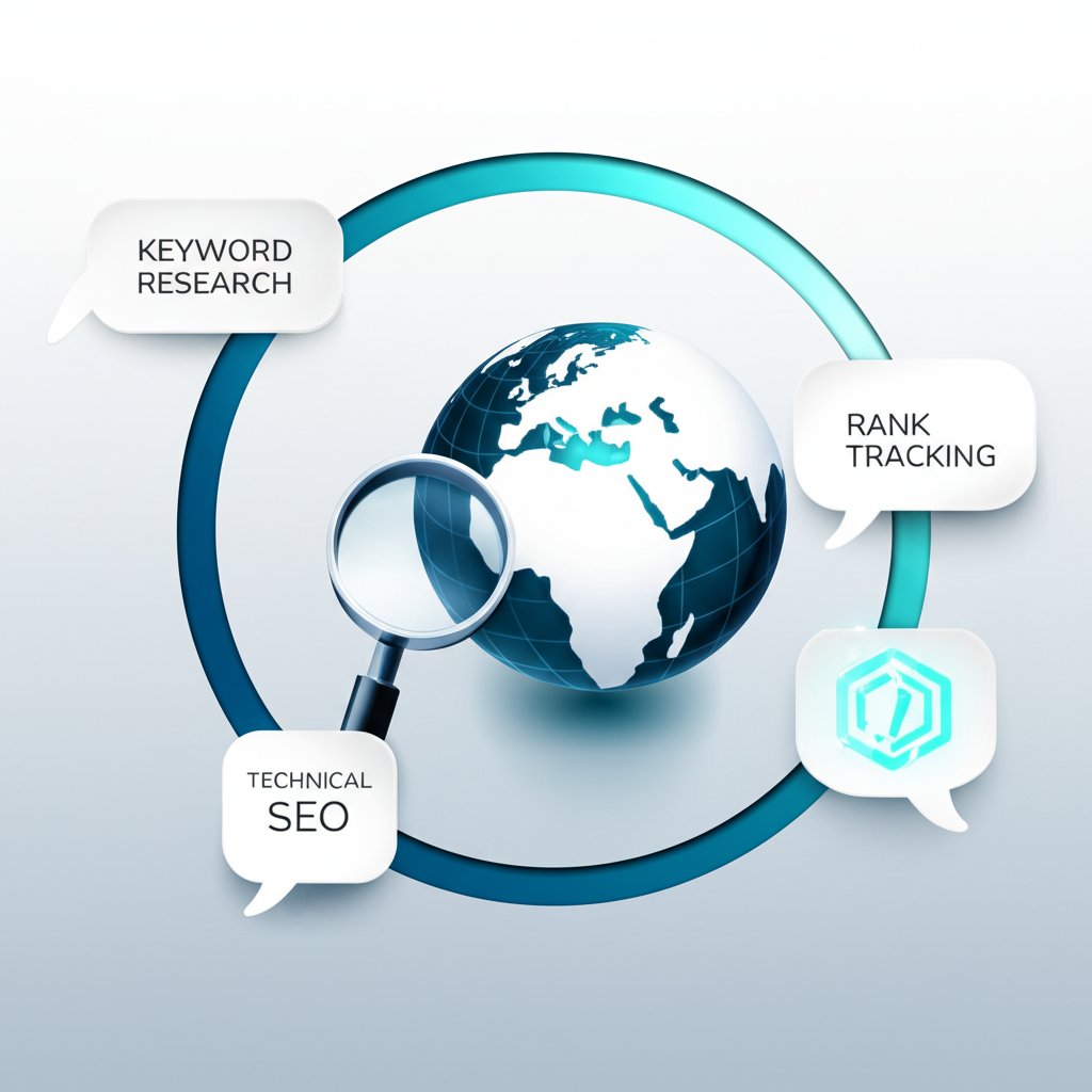 infographic showing key features of an international seo tool like research and tracking