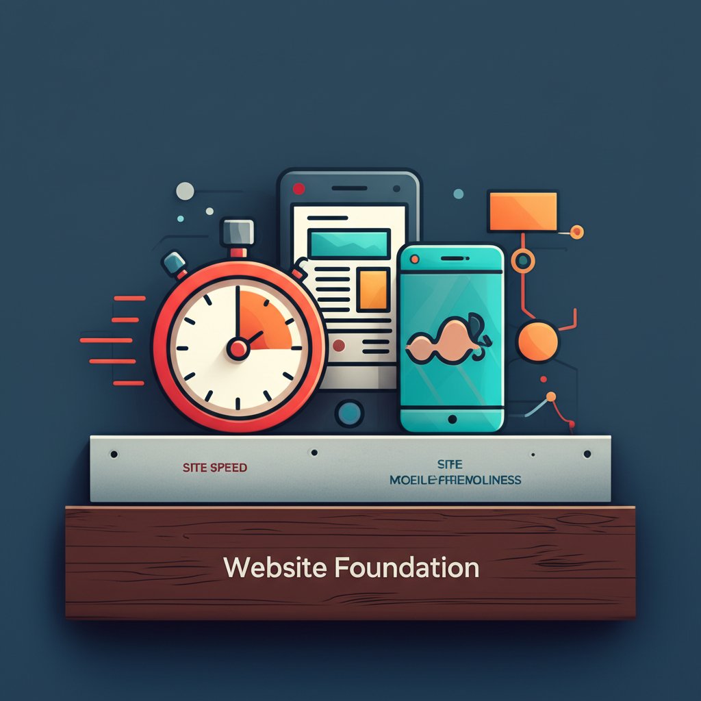 infographic showing key pillars of technical seo site speed mobile optimization and logical site structure