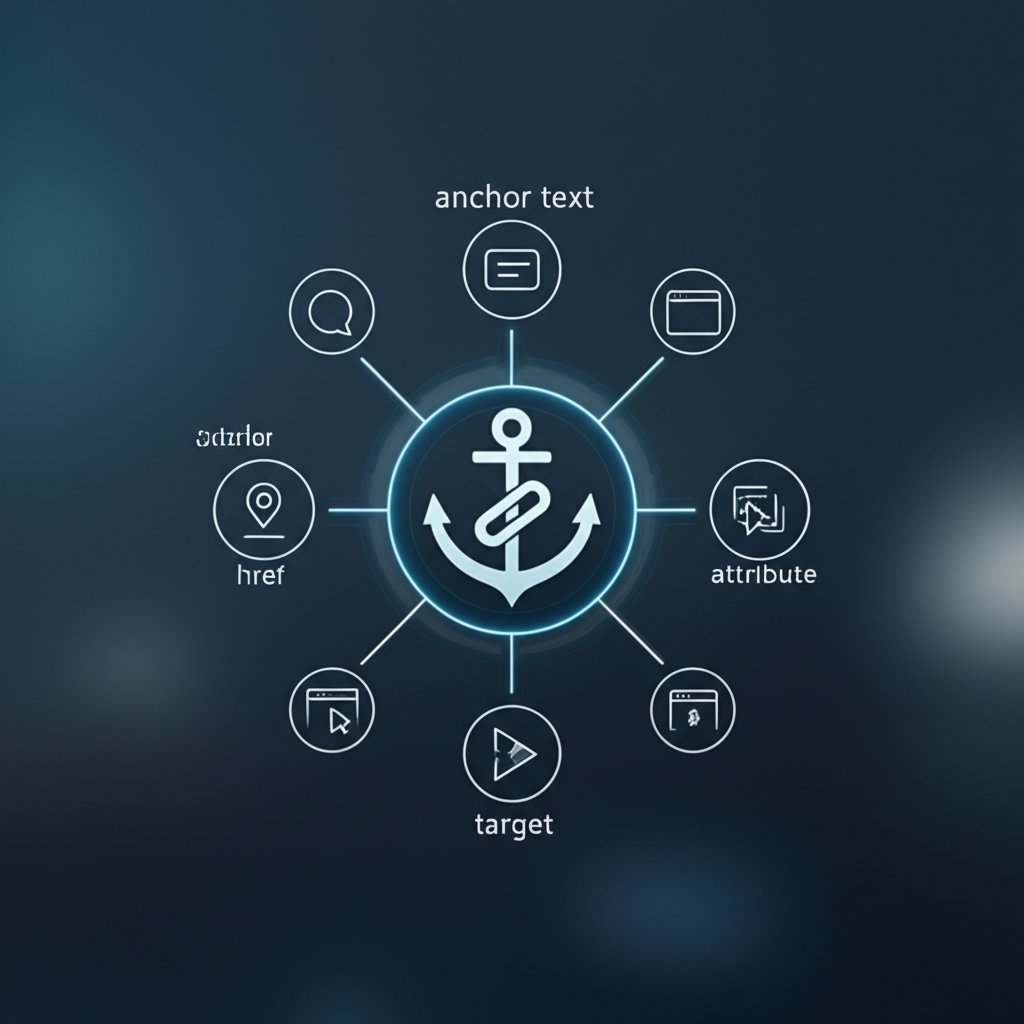 infographic showing the anatomy of an html link tag with its core attributes