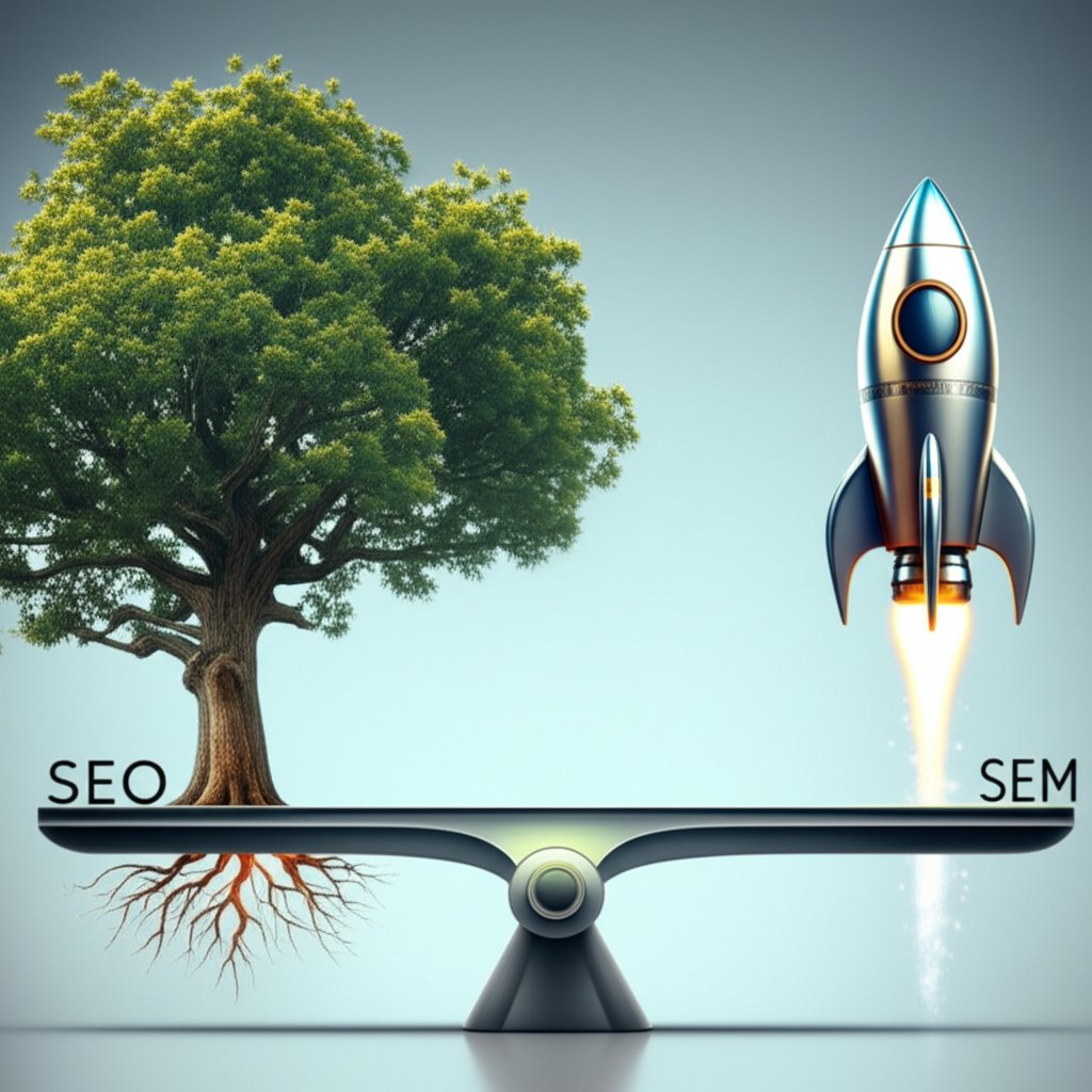 visual comparison of organic seo growth versus the rapid acceleration of paid sem